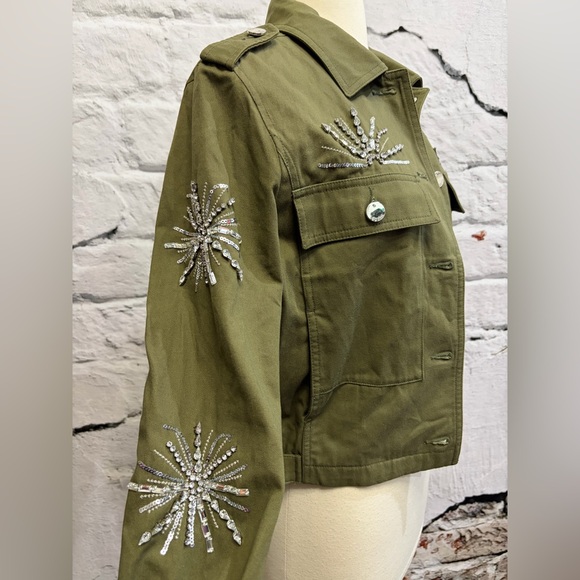 Guess Military Army Green Embellished Gemstone Bling‎ Moto Jacket Cropped Beaded - Picture 7 of 14